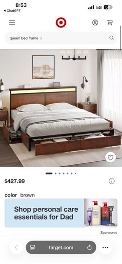 New King Size Bed Frame with LED Storage Headboard & 4 Drawers & Charging Station Brown