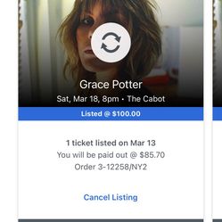 Grace Potter Tickets 3/18  - Cabot Theater $65