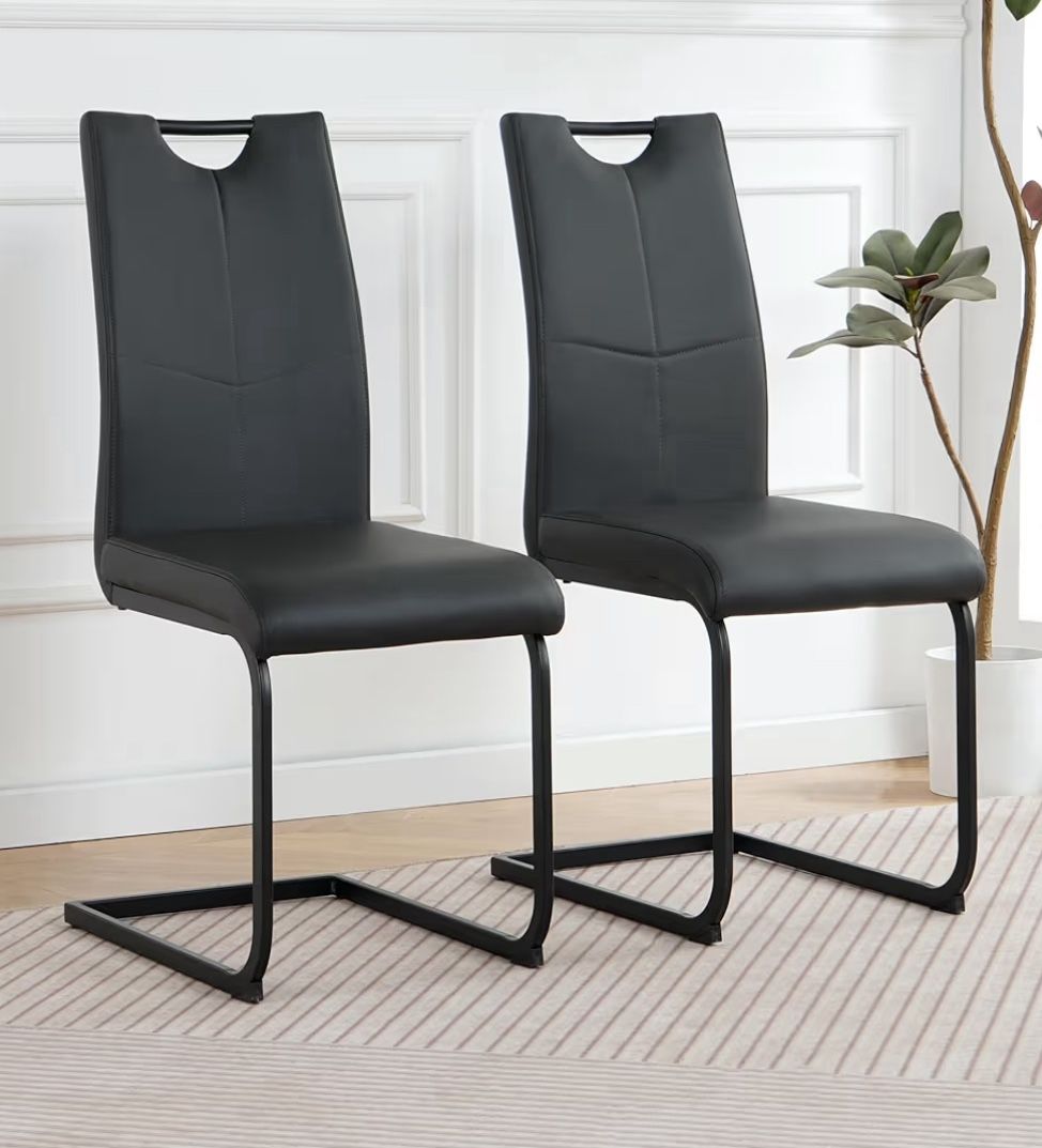 Modern Dark Gray Pu Dining Chair Set of 2 – Upholstered Living Room Side Chairs with Black Metal Legs for Kitchen, Bedroom, Dining Room