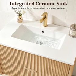 24-inch wall-mounted bathroom vanity with sink, hanging cabinet + basin, natural wood color