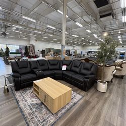 New air breathable leather black manual recliner sectional