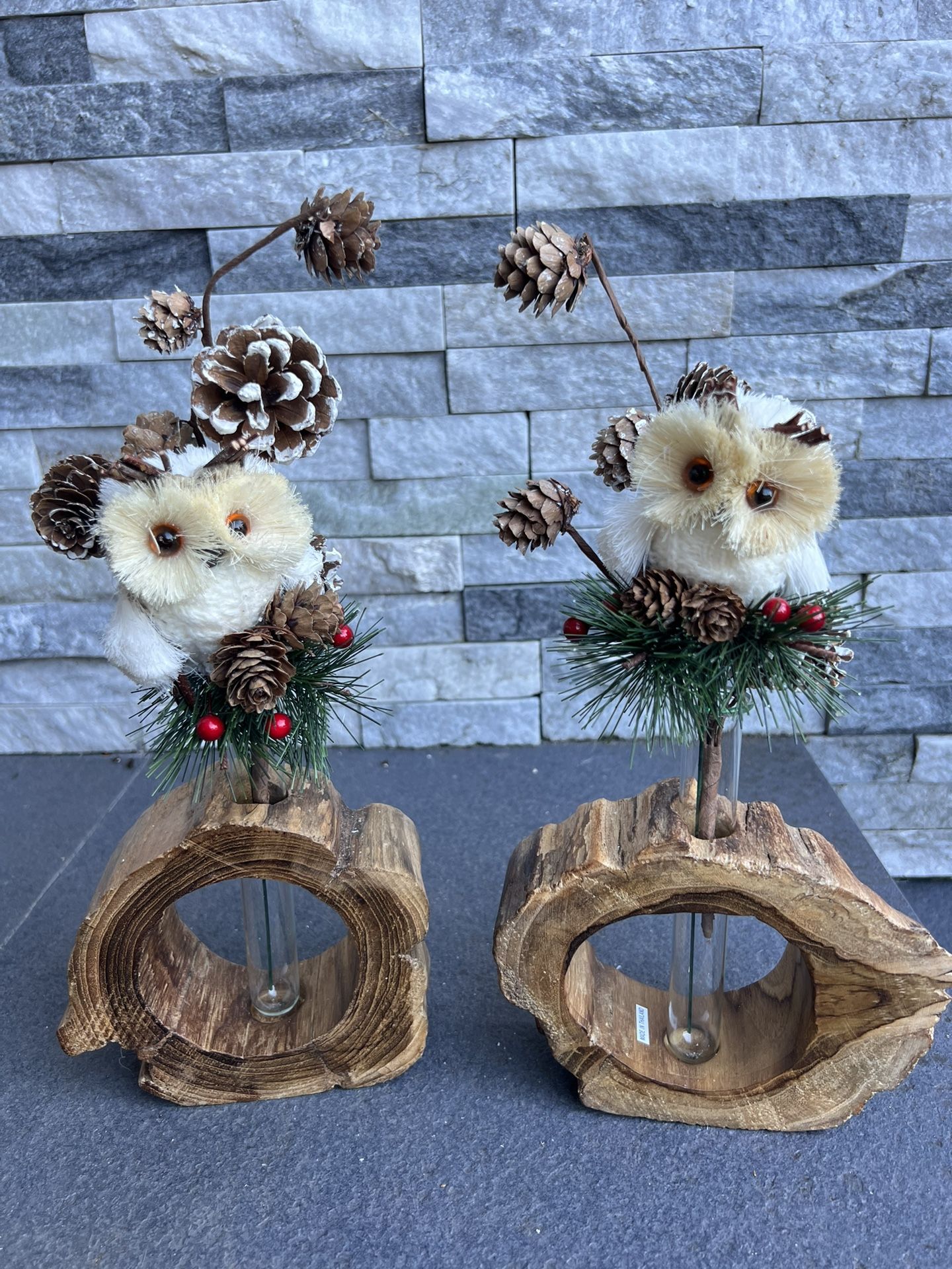 Two Wood Vases w/ Xmas Decor Of Owl With Pinecones