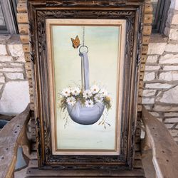 Vintage Signed Floral & Butterfly Oil Painting (19.5” x 32”)