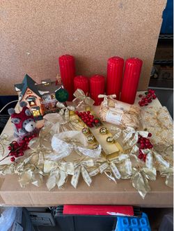 Christmas Decorations Lot Walton’s Variety bows Raffia Candles Wine Bag Door Hang Bells Green Ornamet