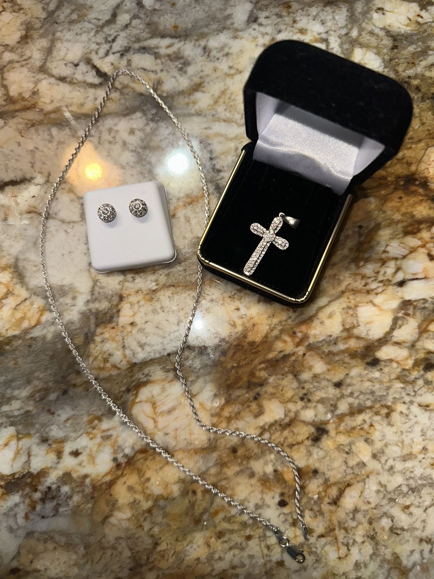 Diamond Cross With Silver Chain And Diamond Earrings 