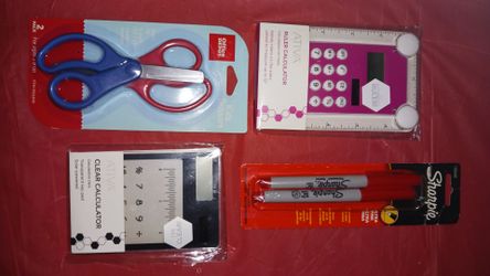 Pocket calculator, kids blunt scissors and sharpie red pens $3 each