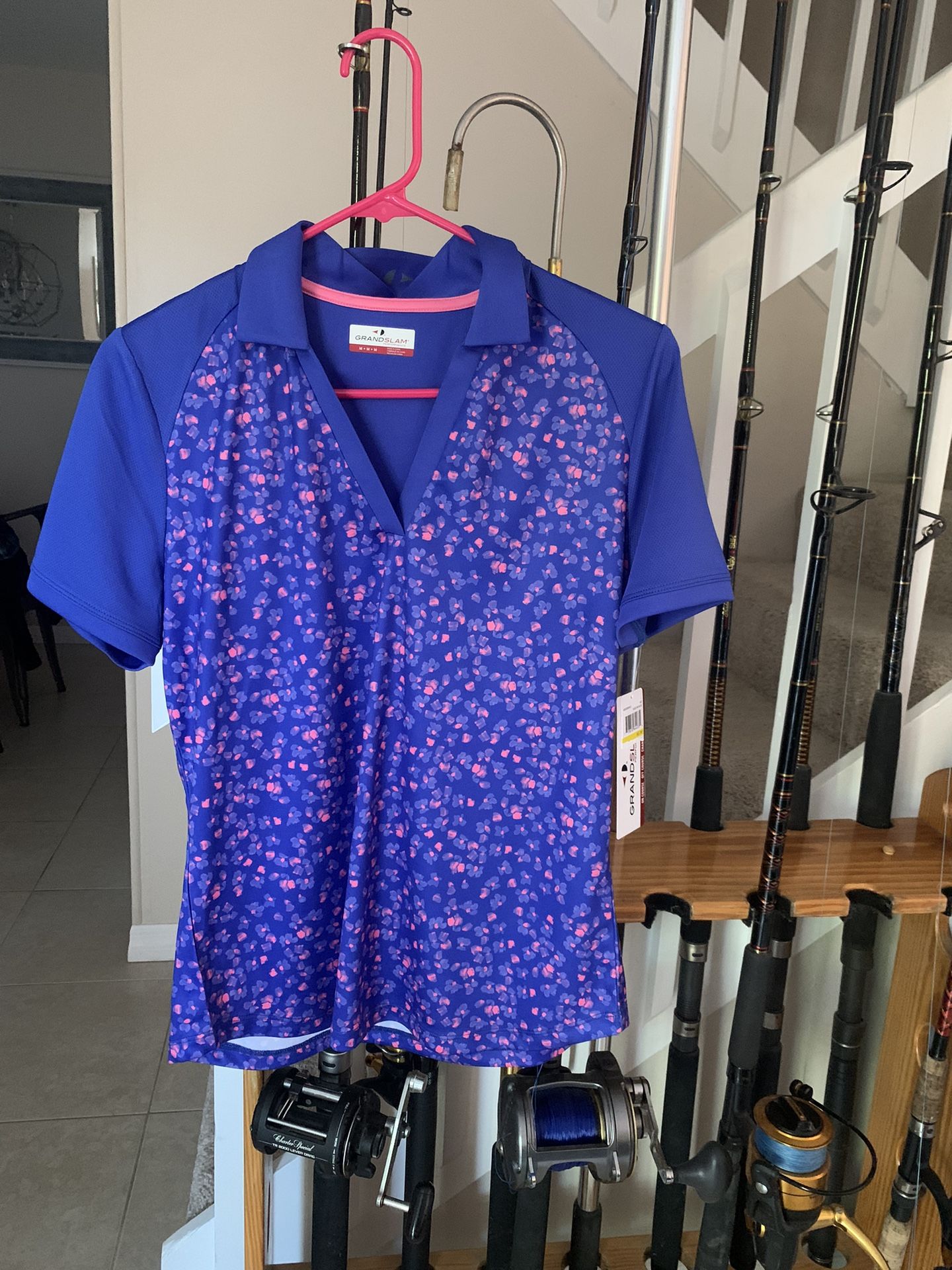 Women's Grand Slam Floral Short Sleeve V-Neck Golf Polo Size Medium With Tags 