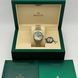 1980s Rolex Datejust 16013 36mm stainless steel jubilee bracelet natural diamond MOP dial gold fluted bezel watch box tag appraisal