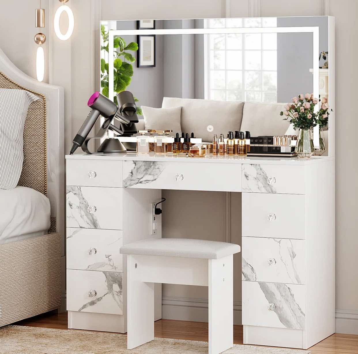 Marble Vanity Set With LED Mirror & Power Outlets, 9 Drawers with Diamond Handles