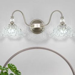 (Brand New in Box)  Brushed Nickel Bathroom Vanity Light, 2-Light Vanity Light with Floral Clear Glass Shades, Nickel Wall Mount Lighting for Bathroom