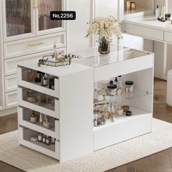 Closet Island with Glass Top & 8 Drawers for Walk in Closet, Jewelry Display Cabinet Island with Glass Shelf, for Store Dressing Room Shop, White