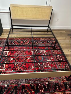 Queen Bed Frame - Black Metal / Rattan Headboard