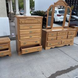 PRICE DROP Broyhill Solid Oak Bedroom Set W/ Trifold Mirror (Bed Available)