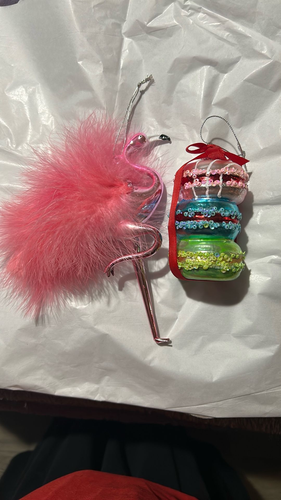 Glass Ornaments Pink Flamingo With Fluffy Boa Feathers And Stack Of 3 Macarons Cute!!