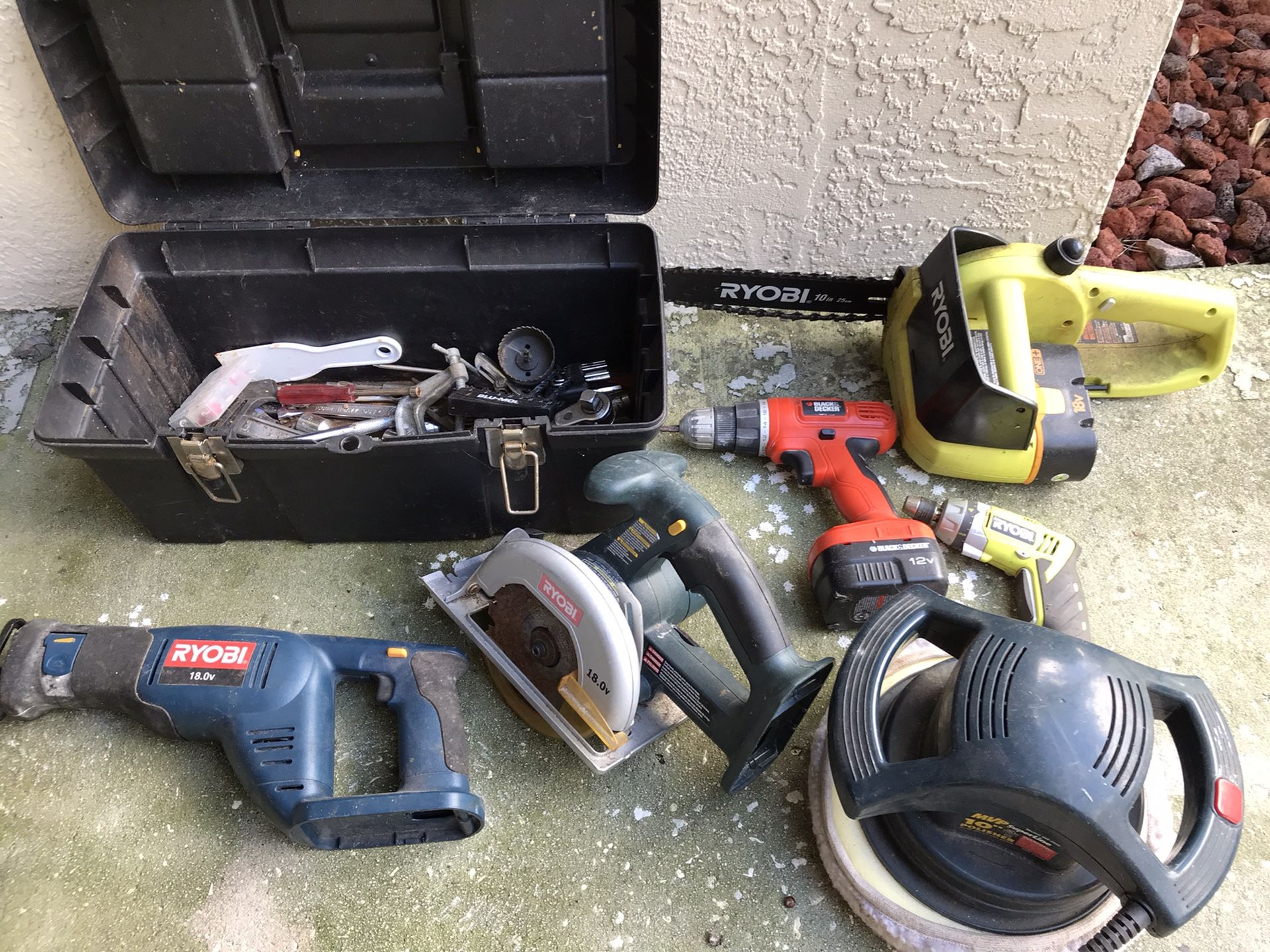 Various battery operated power tools and tool box