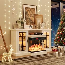 59'' Fireplace TV Stand for TVs up to 65", 12 Flame Colors&12 LED Light Colors, TV Console with 3-Sided Glass Fireplace, for Living Room, White