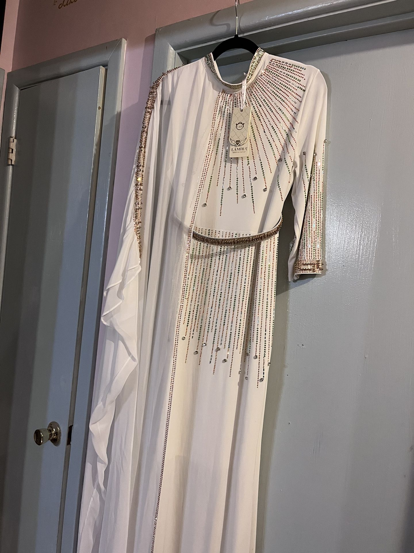 White Rhinestone Floor Length LaMira Evening Gown