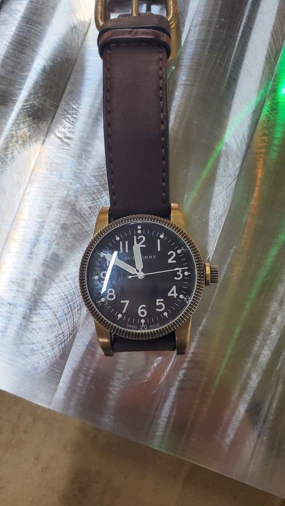 Burberry Endurance Military Black Dial Brown Leather Strap. New Japanese Battery,Good Working