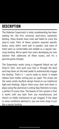 Nidecker Supermatic Bindings. L/G size, BRAND NEW for Sale in