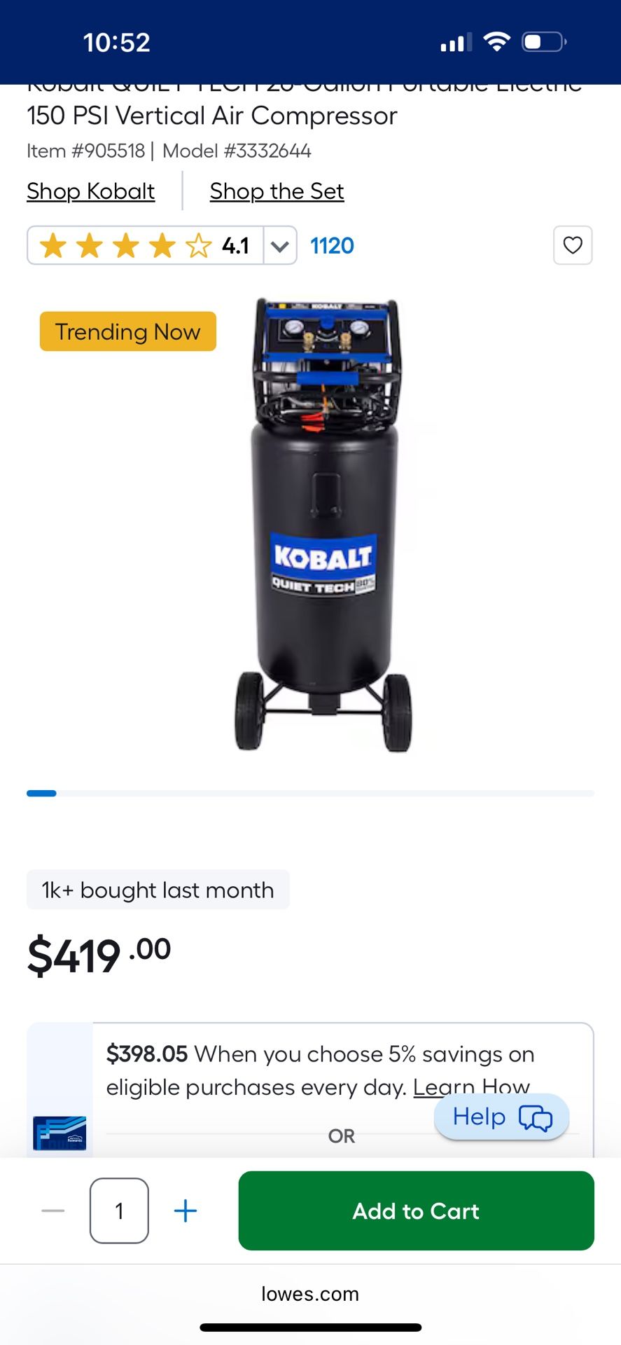 Kobalt 26 Gallon 150psi Air Compressor