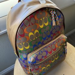NWT Coach West Backpack In Rainbow Signature Canvas And Roll with It Key chain