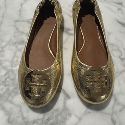 Tory Burch Gold Minnie Leather Travel Ballet Flats (gently used)