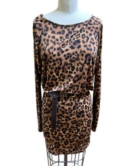 Michael Kors Brown Leopard Drop Waist Long Sleeve Stretchy Dress Sz XS w/ Belt
