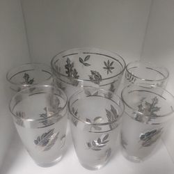 Vintage Libbey MCM Frosted Silver Leaf Ice Bucket 5 Glasses