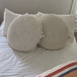 2 Large Round Crochet Throw Pillows with Fringe – Set of 2