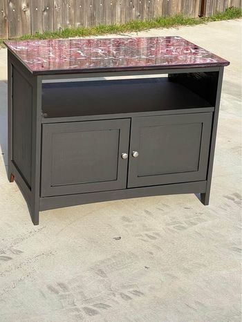 Black epoxy top tv stand with storage red white gold and black 25”H x 32”L x 19”W