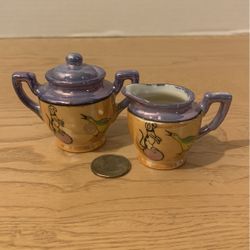 Miniature Vintage Hand Painted Japanese lusterware Sugar Bowl & Creamer Set As is repair and handle