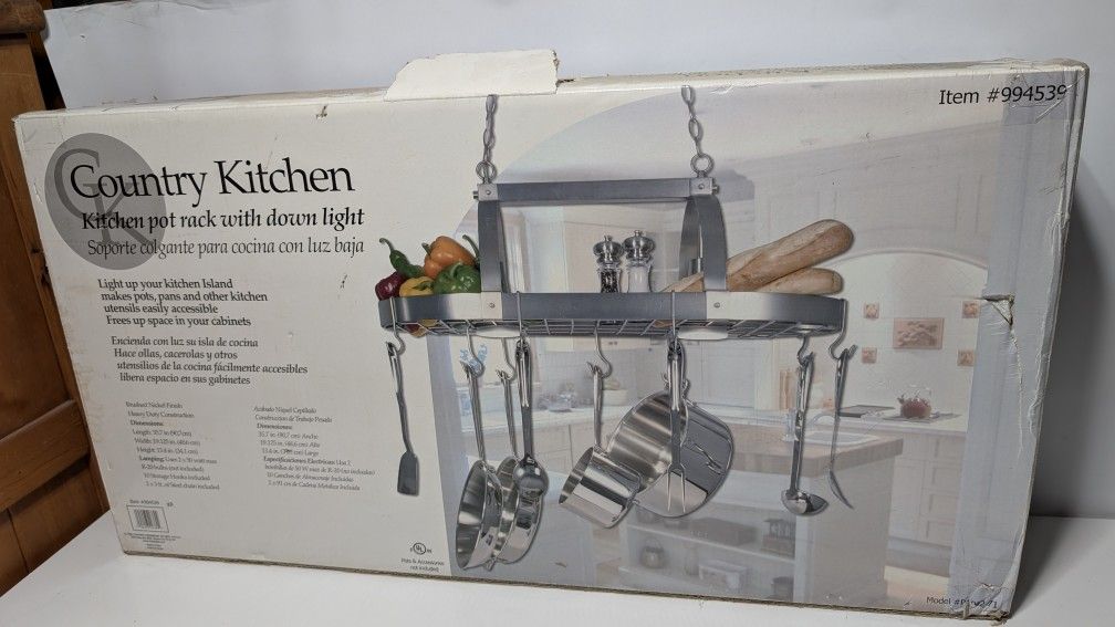 Country Kitchen Hanging Pot Rack with Down Light Brushed Nickel Finish New in Box