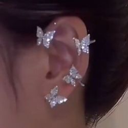LEFT EAR Silver pave crystal Butterflies cartilage ear clip cuff minimalist earring