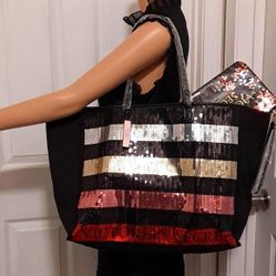 NWT Victoria's Secret Bling StripeSequined Tote and Matching Wristlet