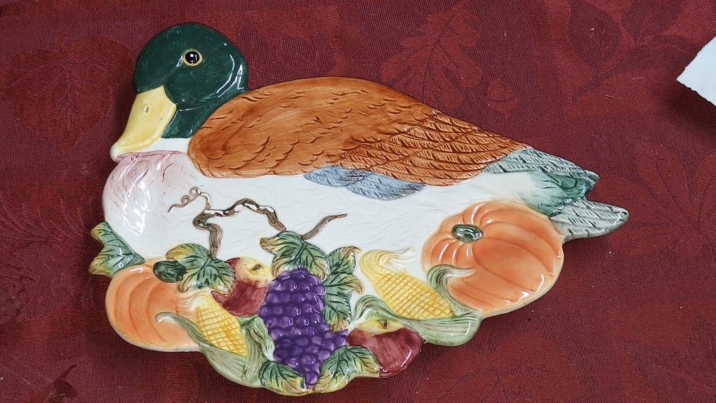 Fitz & Floyd Omnibus 1993 Mallard Duck Thanksgiving Majolica Canapé Plate G3D026