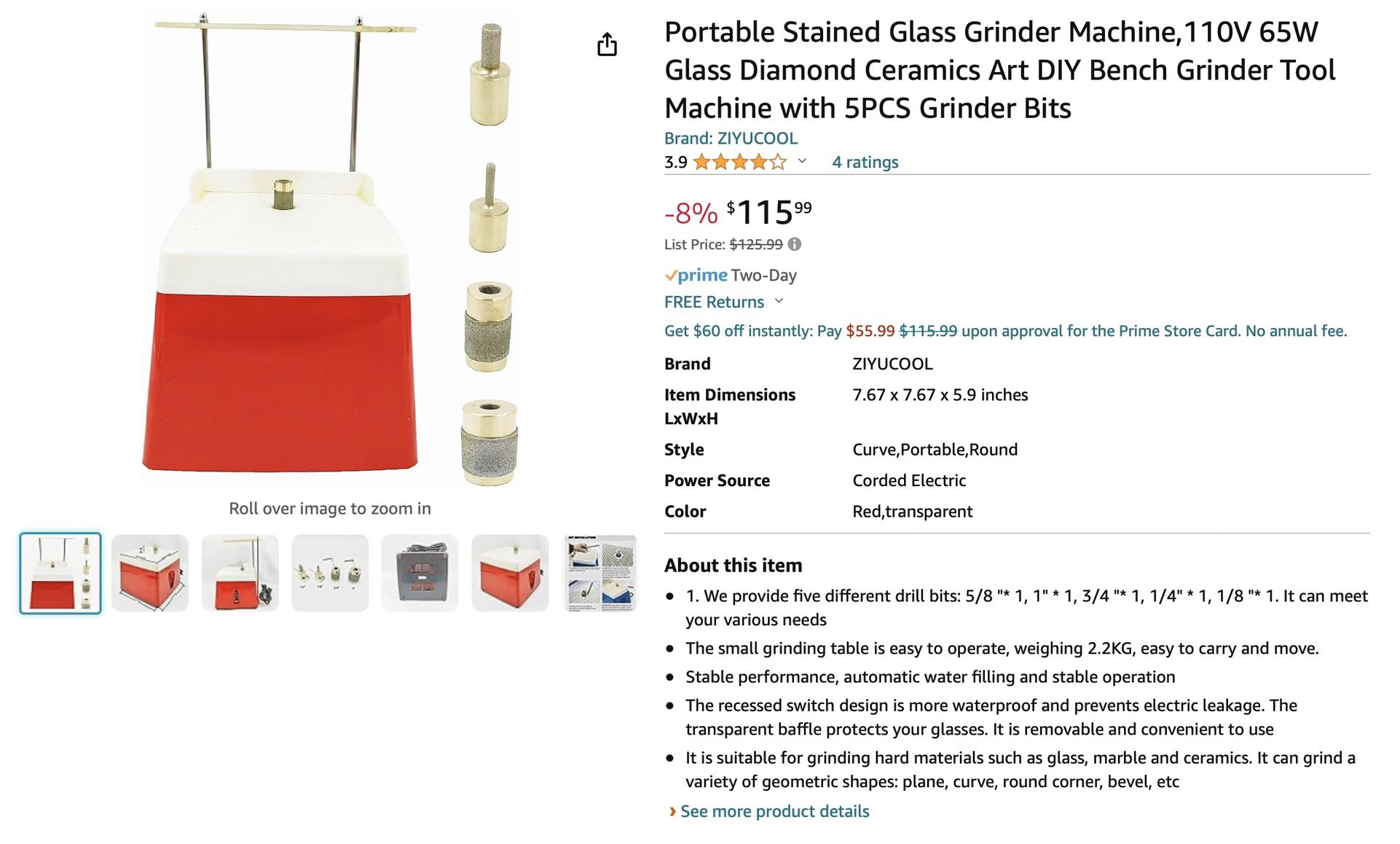 Portable Stained Glass Grinder Machine,110V 65W Glass Diamond Ceramics Art  DIY Bench Grinder Tool Machine with 5PCS Grinder Bits
