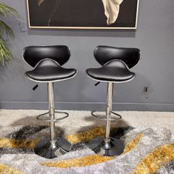 Pair Of Black Leather Adjustable Swivel Barstools 