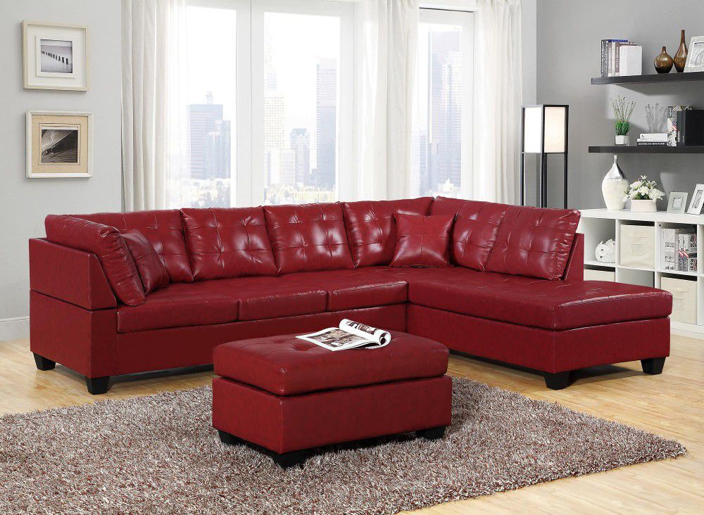 New! Red Leather Contemporary Sectional and Ottoman *FREE SAME-DAY DELIVERY*
