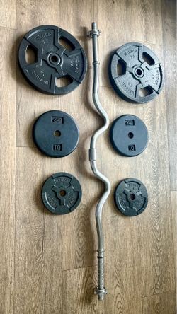 Standard Super Curl Bar with Weider Weight Plates 25s, 10s and 5s. (Total: 98 lbs)