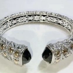 FREE SHIPPING! JAI by John Hardy 925 Silver 14k Gold Jaisalmer Bangle Bracelet Onyx 7.25”Lot263