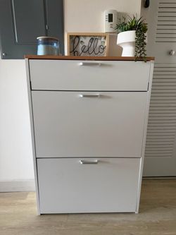 White 3-Drawer Shoe Cabinet with Wood Top