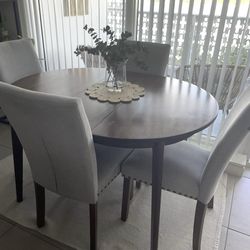 Mid Century Brown Round Dining Table w/ Set of 4 Upholstered Gray Nailhead Chairs
