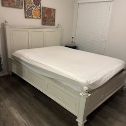 Queen bed frame foundation w/ headboard White wood With Mattress Box Spring & 2” Foam Topper