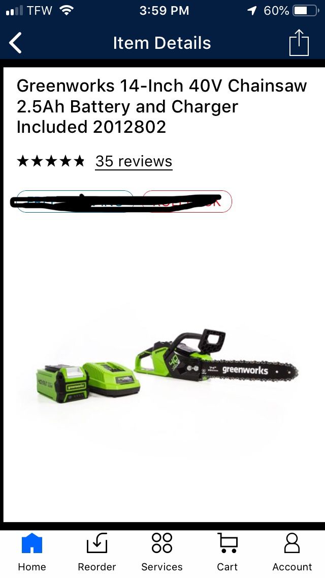 Green works 40V 14-inch Cordless Chainsaw
