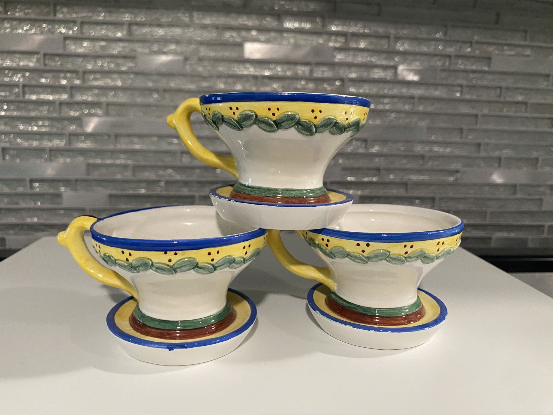 Dept. 56 2” Tea Cup / Saucer - Set of 3 Perfect for succulents Saucer edges are a little bit rough with some missing paint