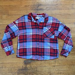 RED AND BLUE PLAID BUTTON UP FLANNEL SHIRT