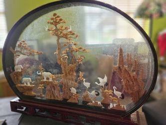 Chinese Cork Carving Diorama In Display Case Rare Cranes/Elephants Pagoda Trees