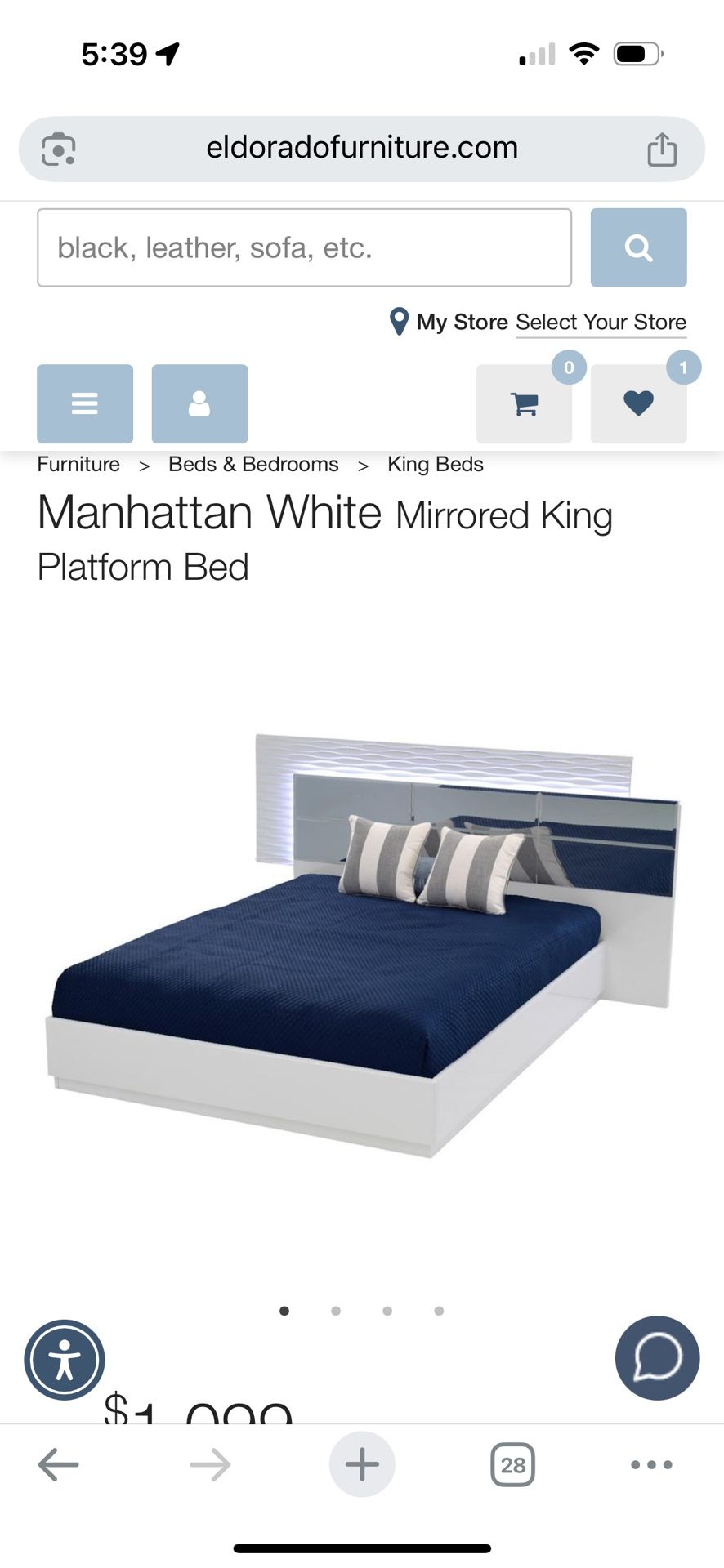 Manhattan White Mirrored King Platform Bed with 1 nightstand. (No mattress)