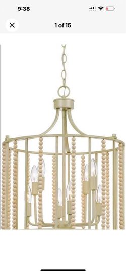 New 19in Hanover Calliope 8 Light Wood Bead Chandelier Antique Cream Adjustable