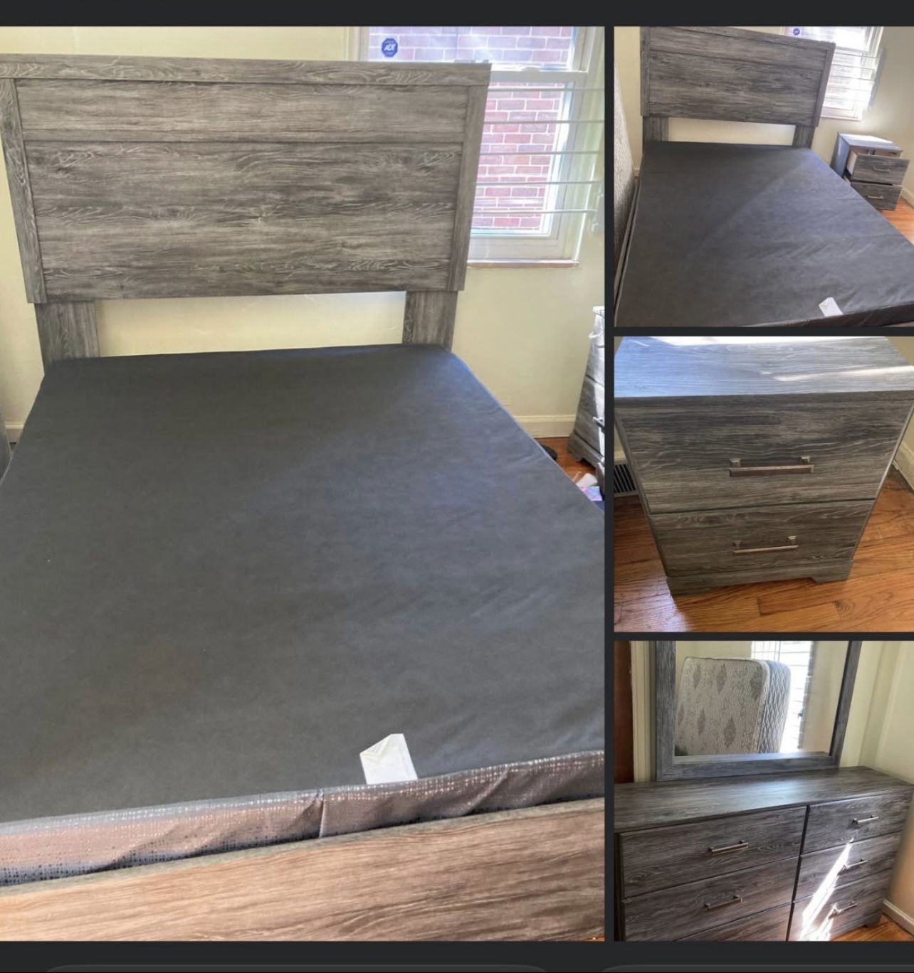 5 Piece Bronyan Queen Panel Bed With Mirrored Dresser,and Night Stand , Box spring and mattress Included.